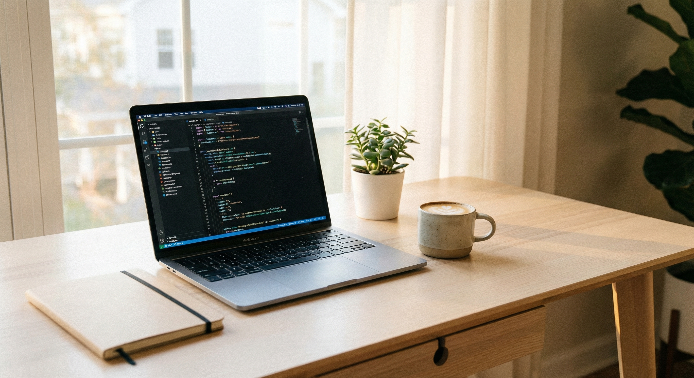 Clean workspace with laptop showing code and morning coffee