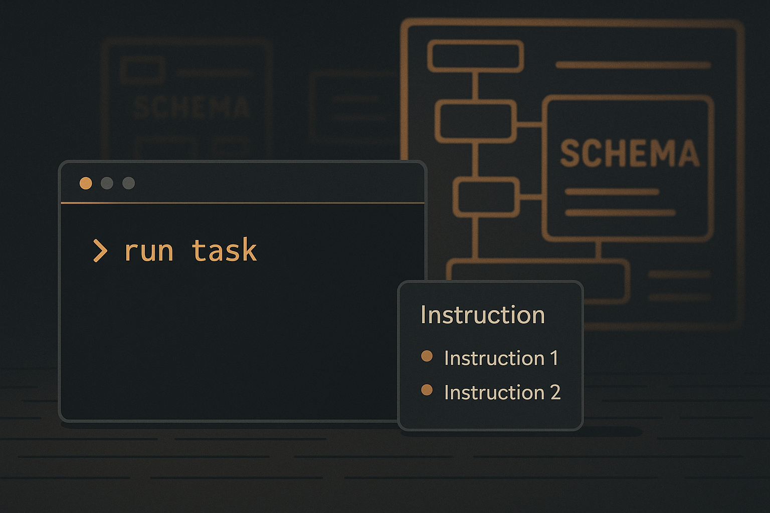 A focused terminal workspace contrasted against bulky abstract tool schemas